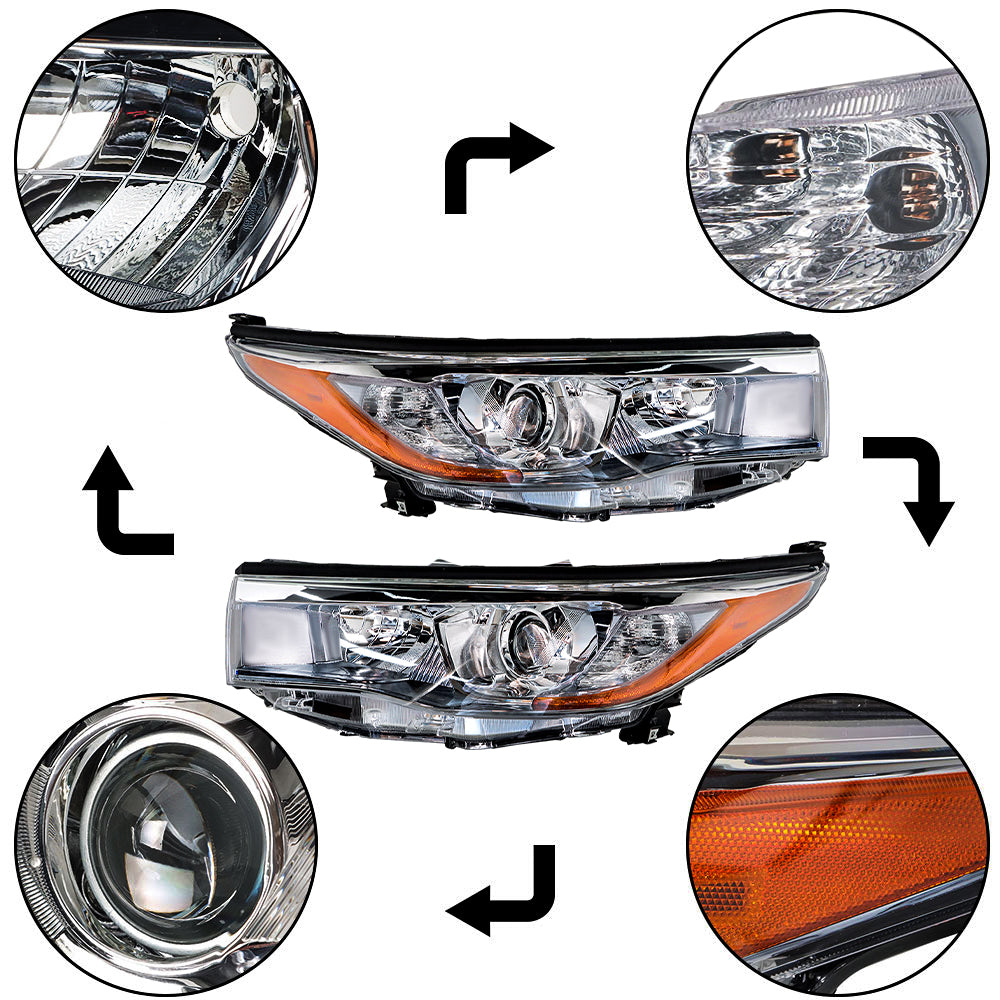 Driver & Passenger For 2014-2016 Toyota Highlander Headlight Halogen Chrome Clear