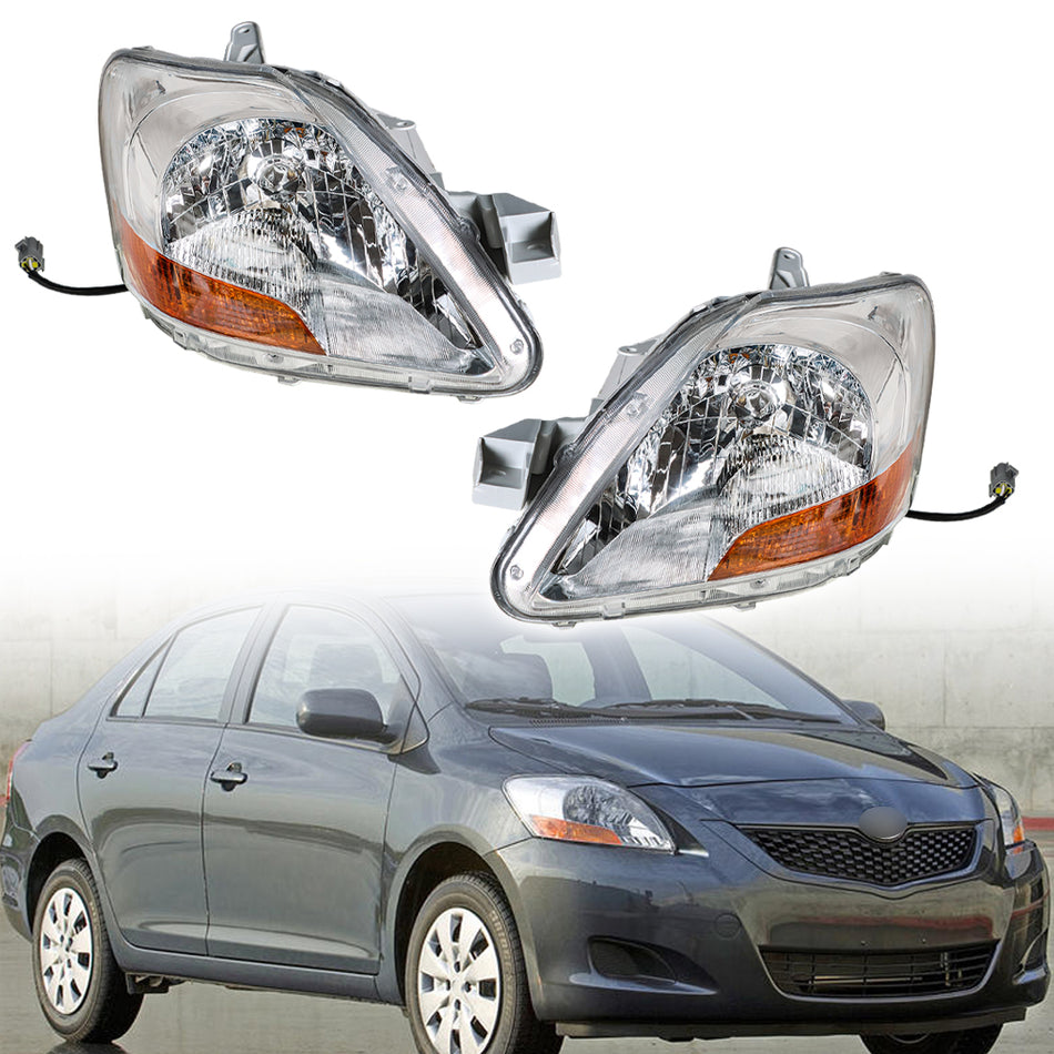 Fit For 2007-2011 Toyota Yaris Sedan Left and Right 2Pc Clear Lens Headlight Set