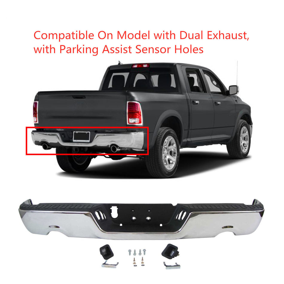 labwork Steel Chrome Rear Step Bumper Assembly Replacement for 2009-2018 Dodge Ram 1500 with Parking Aid Sensor Holes CH1103118