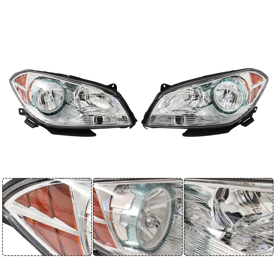 Left + Right Headlights For 2008-2012 Chevy Malibu Headlamp One Pair Clear Lens