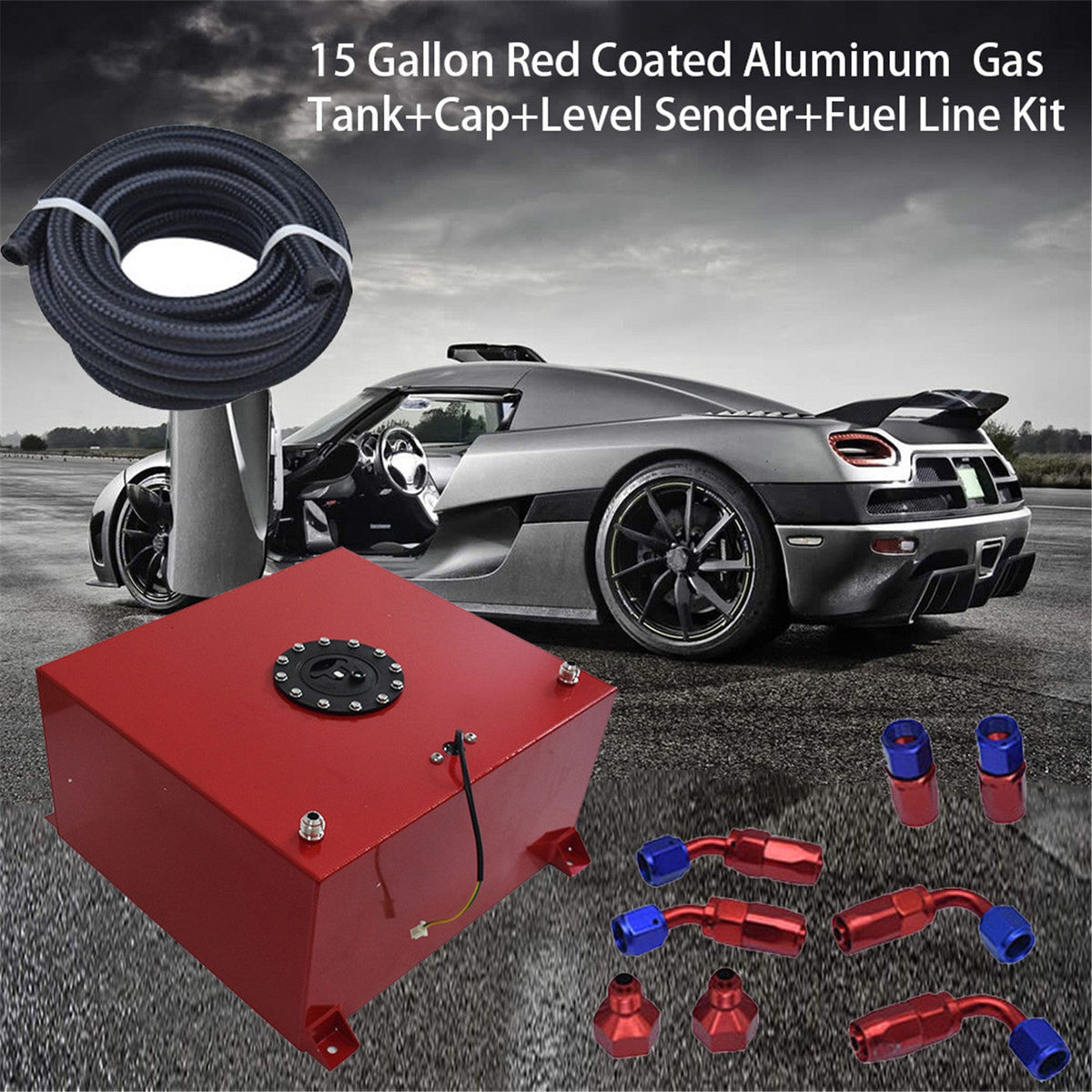 15 Gallon Aluminum Fuel Cell Gas Tank+Cap+Level Sender+Fuel Line Kit Red Lab Work Auto