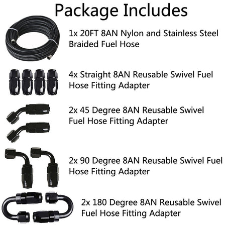 20FT Braided Fuel Hose Line & 8AN Swivel Hose End Fitting Kit Black Lab Work Auto