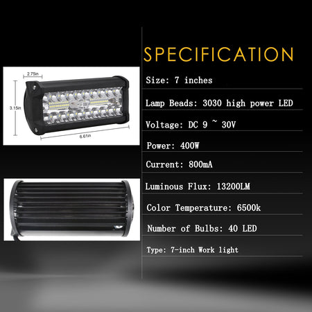 2x 7inch LED Work Light Bar Flood Spot Combo Fog Lamp Offroad Driving Truck 800W Lab Work Auto