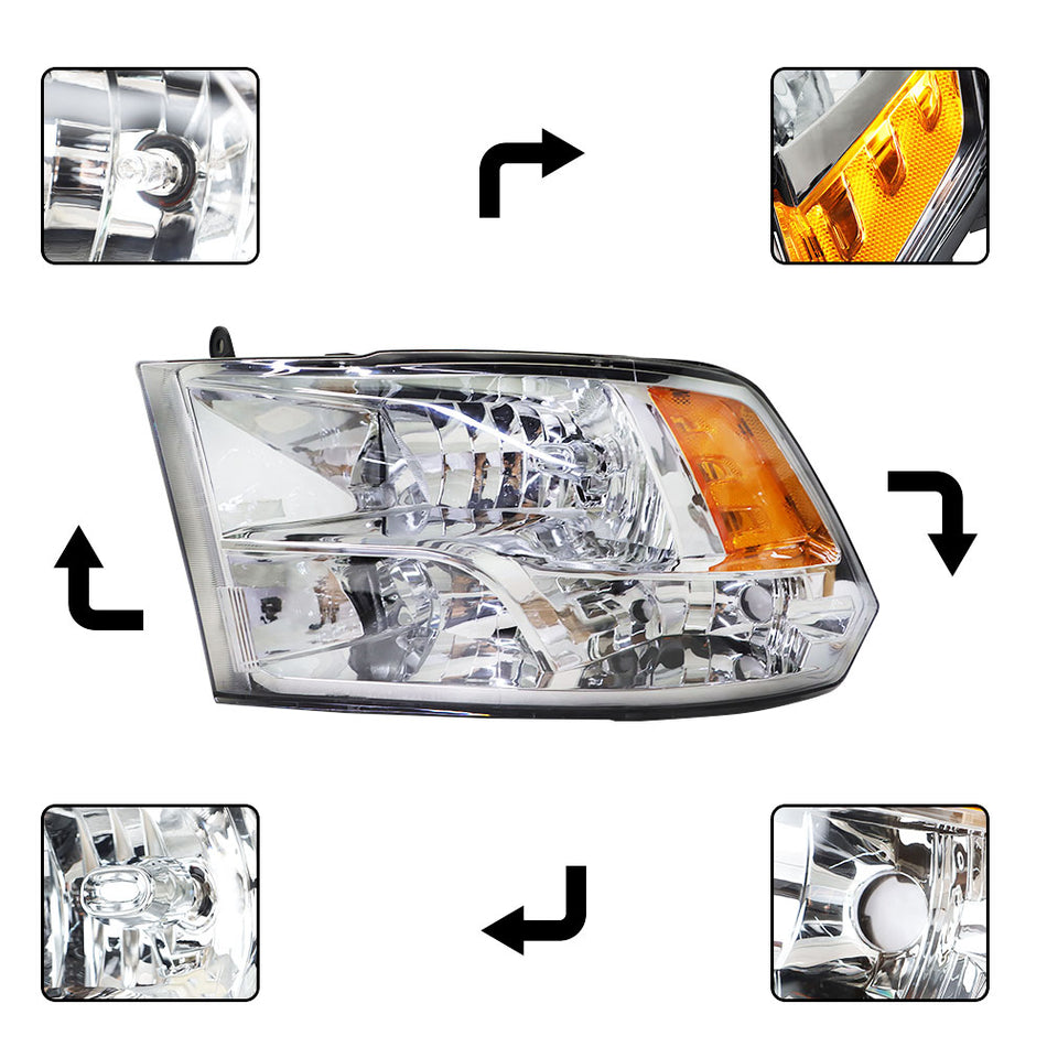 Labwork Headlight Right+Left Side For 2009-2018 Dodge Ram 1500 2500 3500 Crystal Chrome