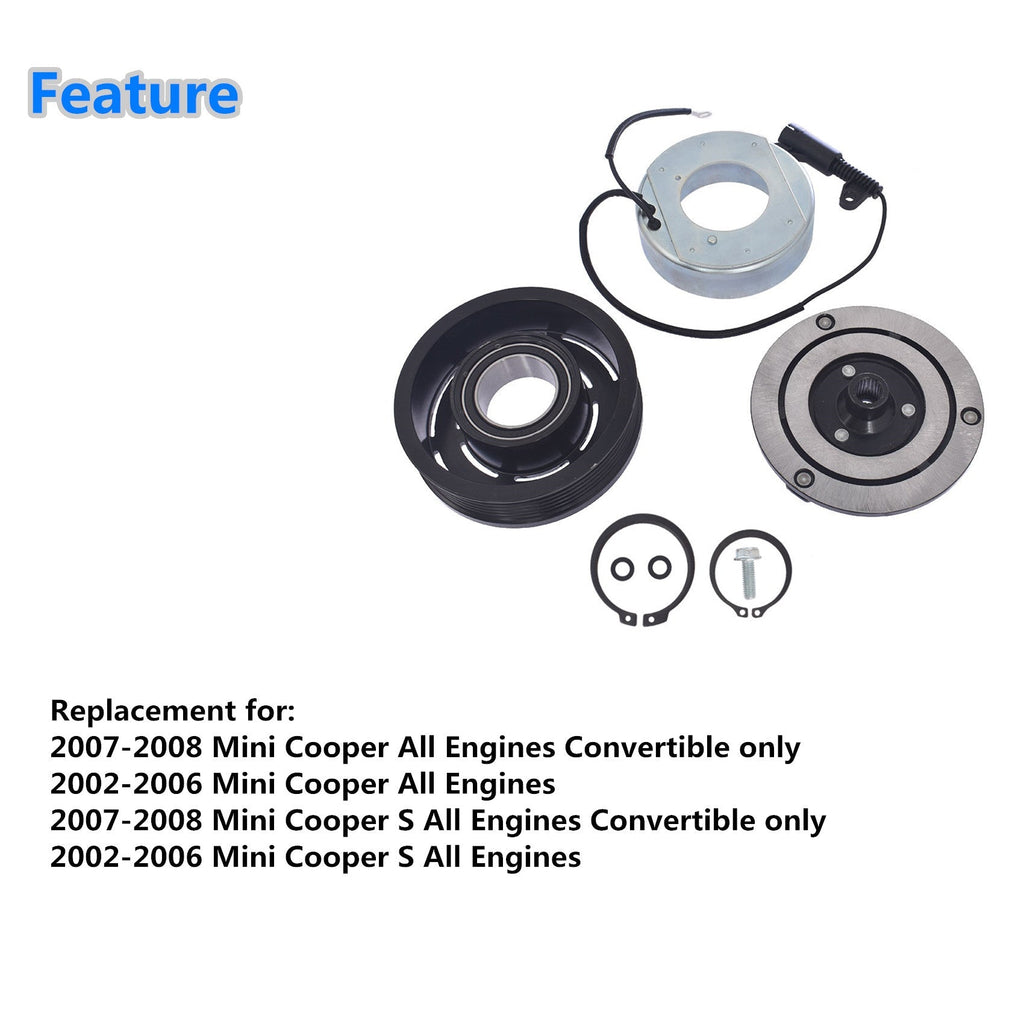 AC Compressor CVC Clutch Kit Pulley Coil For 02 - 08 Mini Cooper 6 Groove 1.6L Lab Work Auto