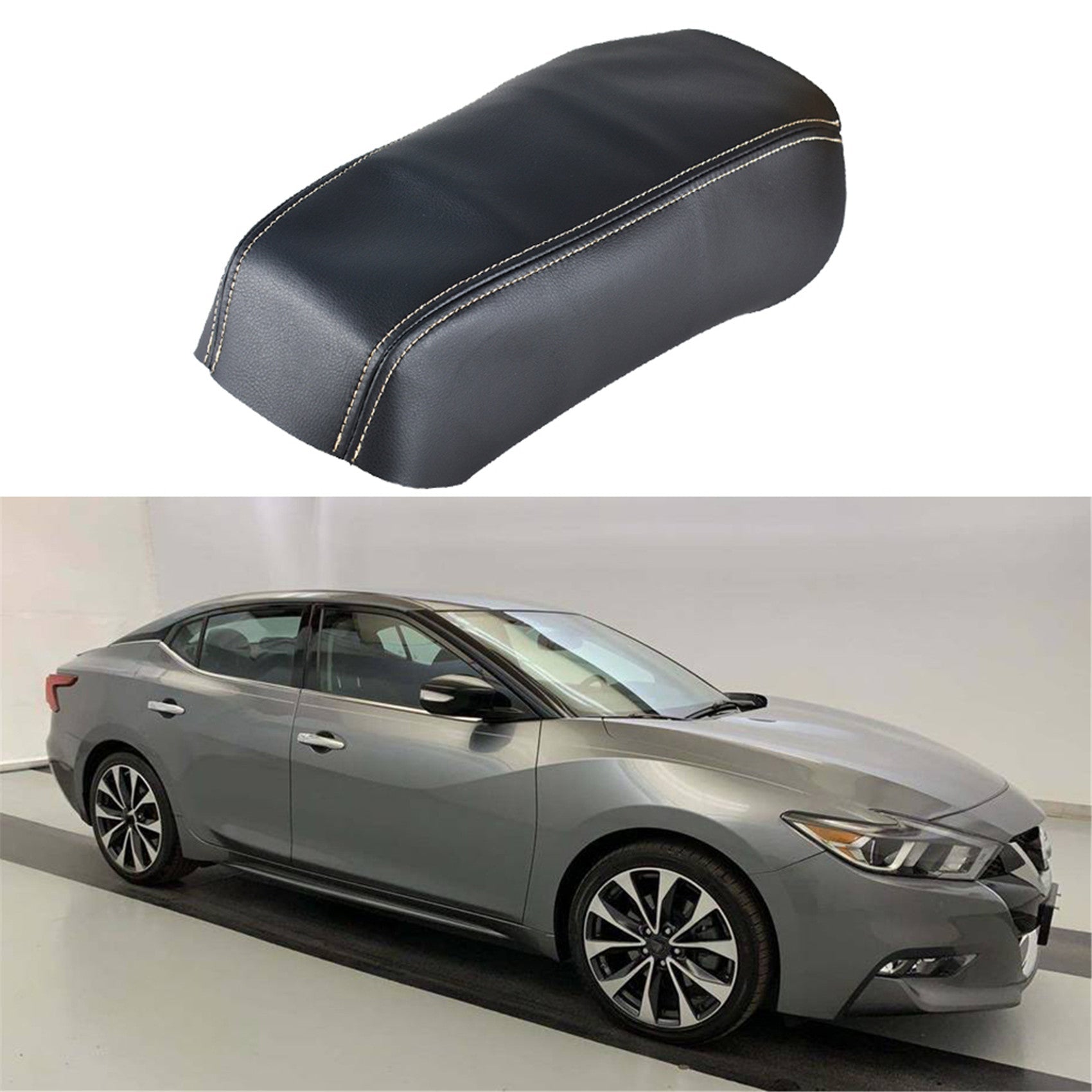 Black Center Console Armrest Leather Cover Beige Stitch For Nissan Maxima 16-19 Lab Work Auto