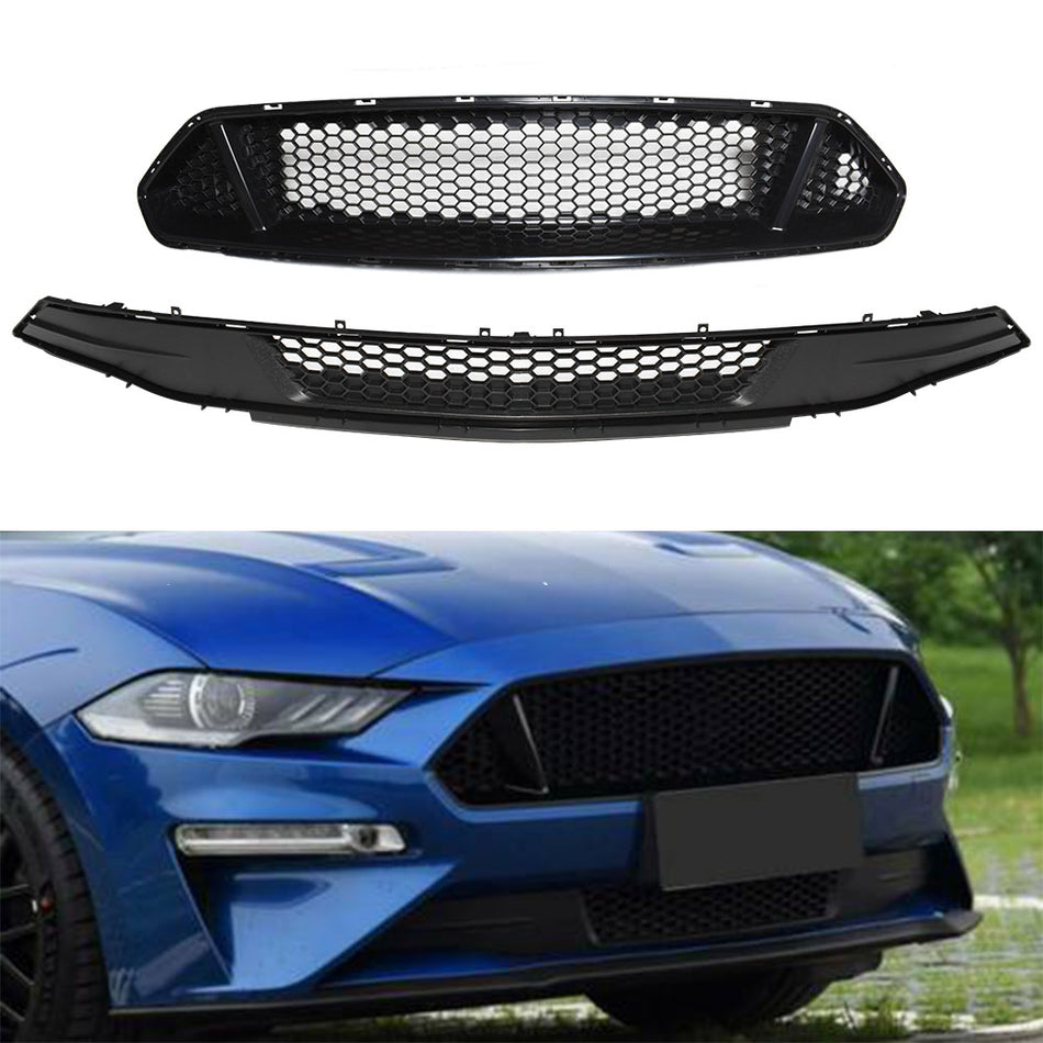 Front Bumper Upper Lower Grill Honeycomb ABS Grille For 2018-2019 Ford Mustang