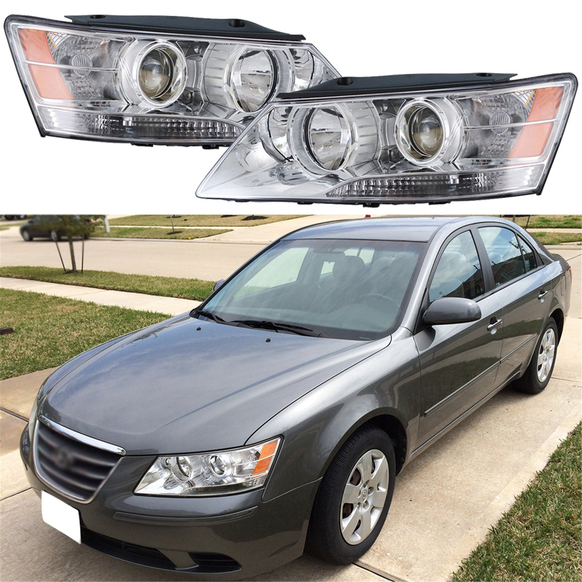 Headlamps Fit For 2009-10 Hyundai Sonata Chrome Housing Halogen Headlight LH&RH Lab Work Auto