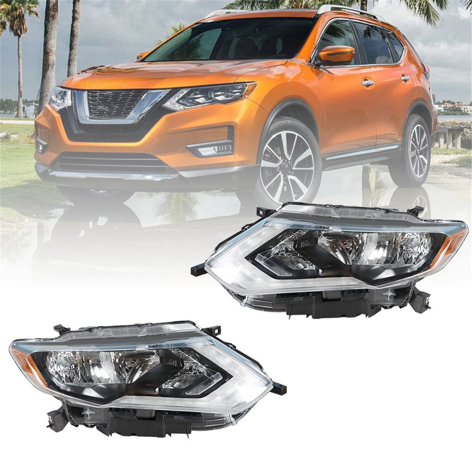 Headlamps For 2017-2019 Nissan Rogue Chrome Halogen Headlights Passenger&Driver Lab Work Auto