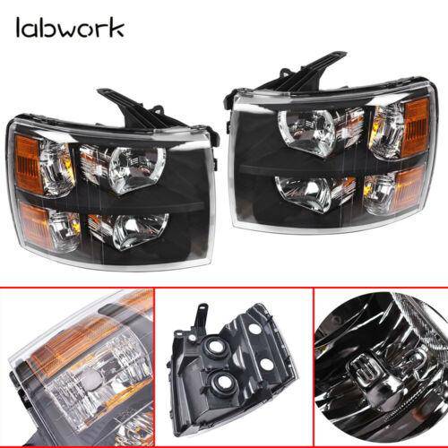 Headlight Head Lamps Fit For 2007-2013 Chevy Silverado Left+Right Black Housing Lab Work Auto