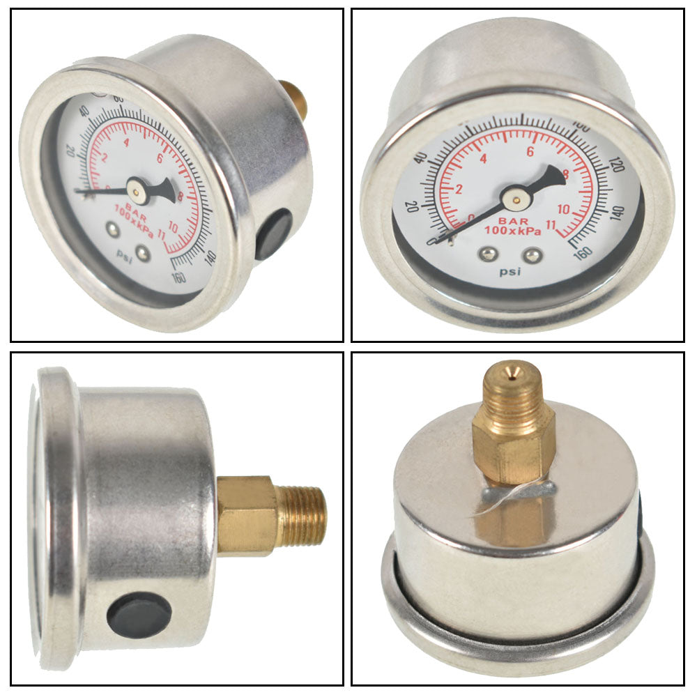 Labwork Fuel Pressure Regulator Gauge 0-160 PSI Liquid Filled Chrome/White Face Lab Work Auto