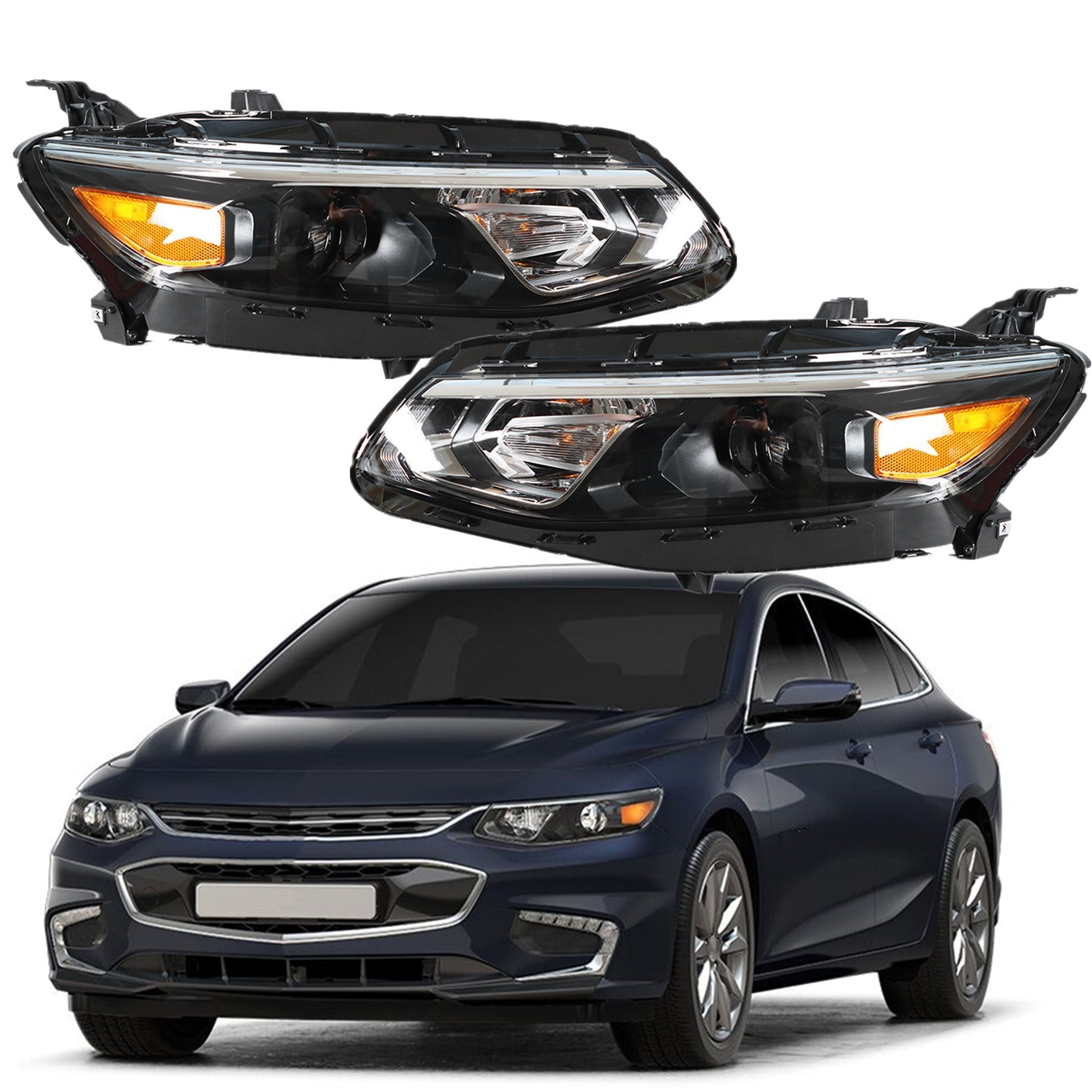 Pair Headlights Fit For 2016-2018 Chevy Malibu Black Housing Clear Lens Headlamp Lab Work Auto