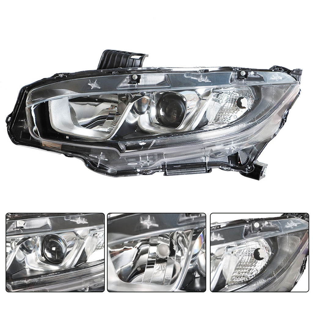 Projector Headlight For 2016-2018 Honda Civic Halogen Headlamp Chrome Driver LH Lab Work Auto