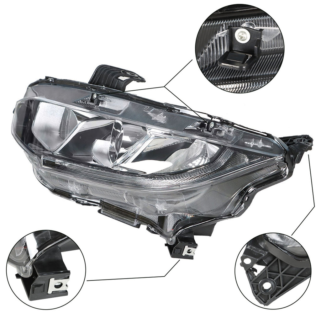 Projector Headlight For 2016-2018 Honda Civic Halogen Headlamp Chrome Driver LH Lab Work Auto