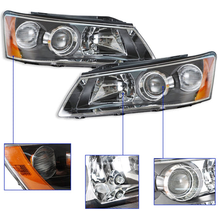 for 2006-2008 Hyundai Sonata Headlamps LH&RH Clear Lens Black Housing Headlights Lab Work Auto