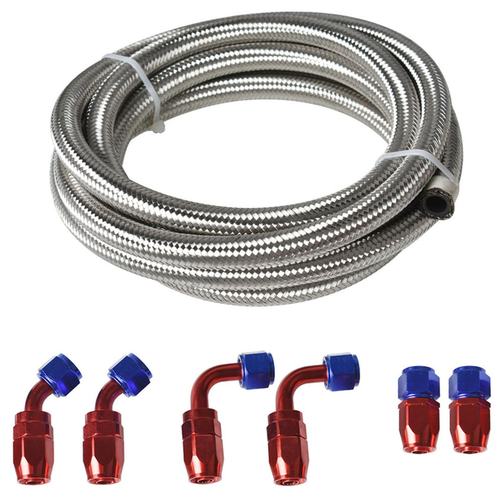 labwork 10 Ft 8AN Universal Braided Oil Fuel Line Hose CPE Oil Gas Double Stainless Steel Braided Hose W/ 10PCS AN6 Hose End Fitting Adapter Kit Red and Blue Lab Work Auto