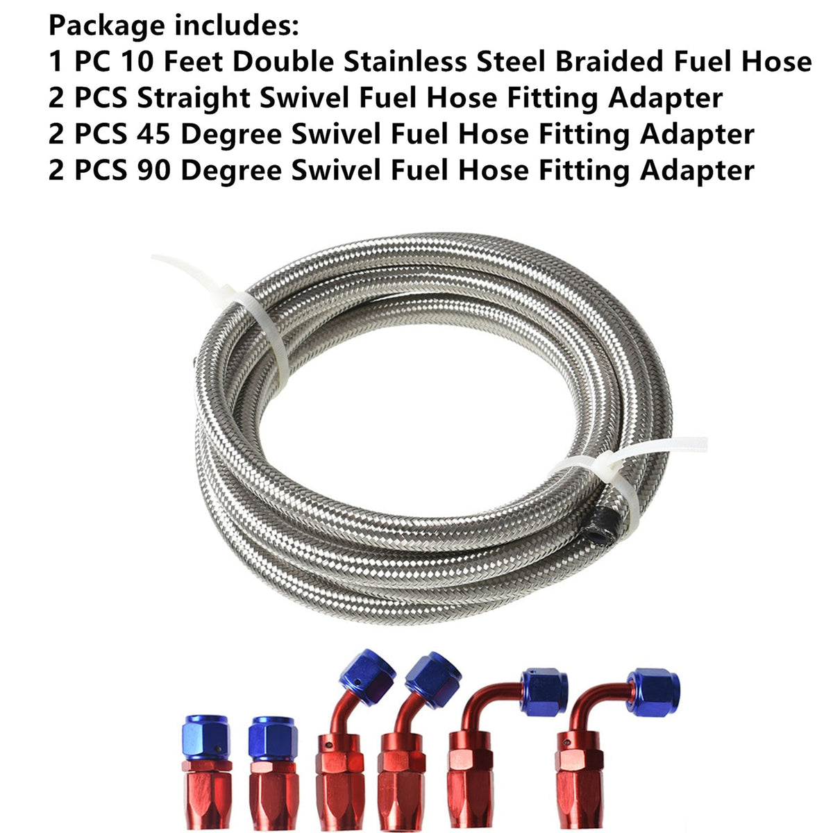 labwork Universal Oil Fuel Line Hose 10 Ft 4 AN double Stainless Steel Braided w/ 6 Pcs Swivel Fitting Hose Ends Adapter Kit, Blue & Red Lab Work Auto 