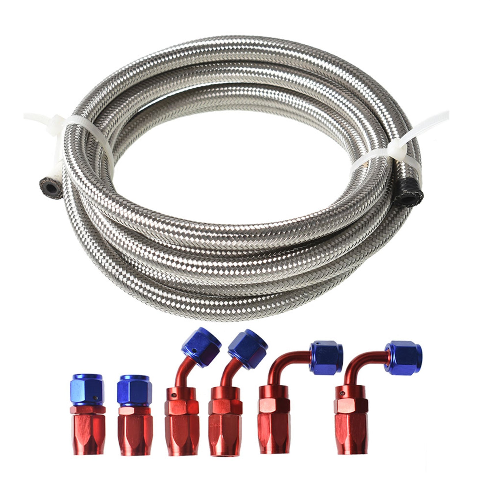 labwork Universal Oil Fuel Line Hose 10 Ft 4 AN double Stainless Steel Braided w/ 6 Pcs Swivel Fitting Hose Ends Adapter Kit, Blue & Red Lab Work Auto 