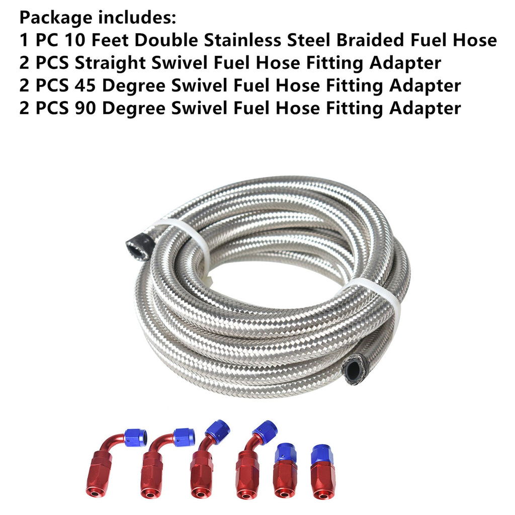 labwork Universal Oil Fuel Line Hose 10 Ft 6 AN double Stainless Steel Braided w/ 6 Pcs Swivel Fitting Hose Ends Adapter Kit, Blue & Red Lab Work Auto 